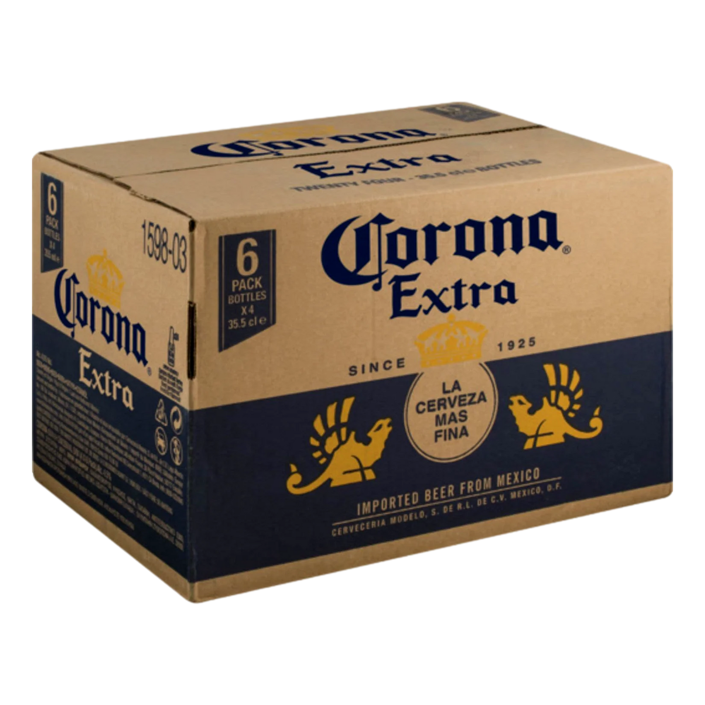 Brown Box of Imported Corona Extra beer with branding and product details.