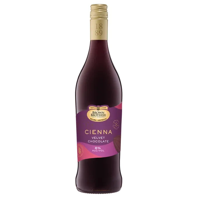 A bottle of Brown Brothers Cienna Velvet Chocolate non-alcoholic wine, featuring a dark purple label and a gold foil neck seal on a white background.