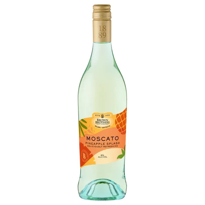 A bottle of Brown Brothers Moscato Pineapple Splash non-alcoholic wine, featuring a pale greenish-white liquid, a gold screw cap, and a label with orange and yellow pineapple graphics.