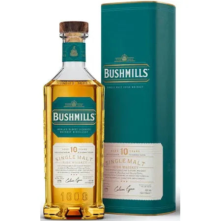 Bushmills 10-year-old single malt whiskey bottle and packaging