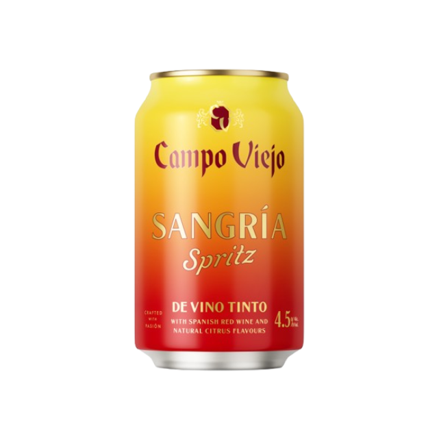 A 330ml aluminum can of Campo Viejo SangrÃa Spritz on a plain white background. The can features a vibrant yellow-to-red gradient design with gold lettering and a silver top and bottom rim.