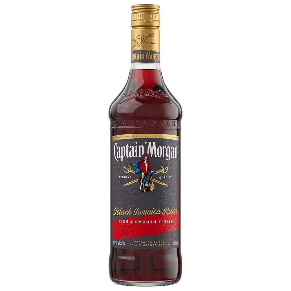 Captain Morgan Black Jamaica Rum bottle with gold cap on a white background