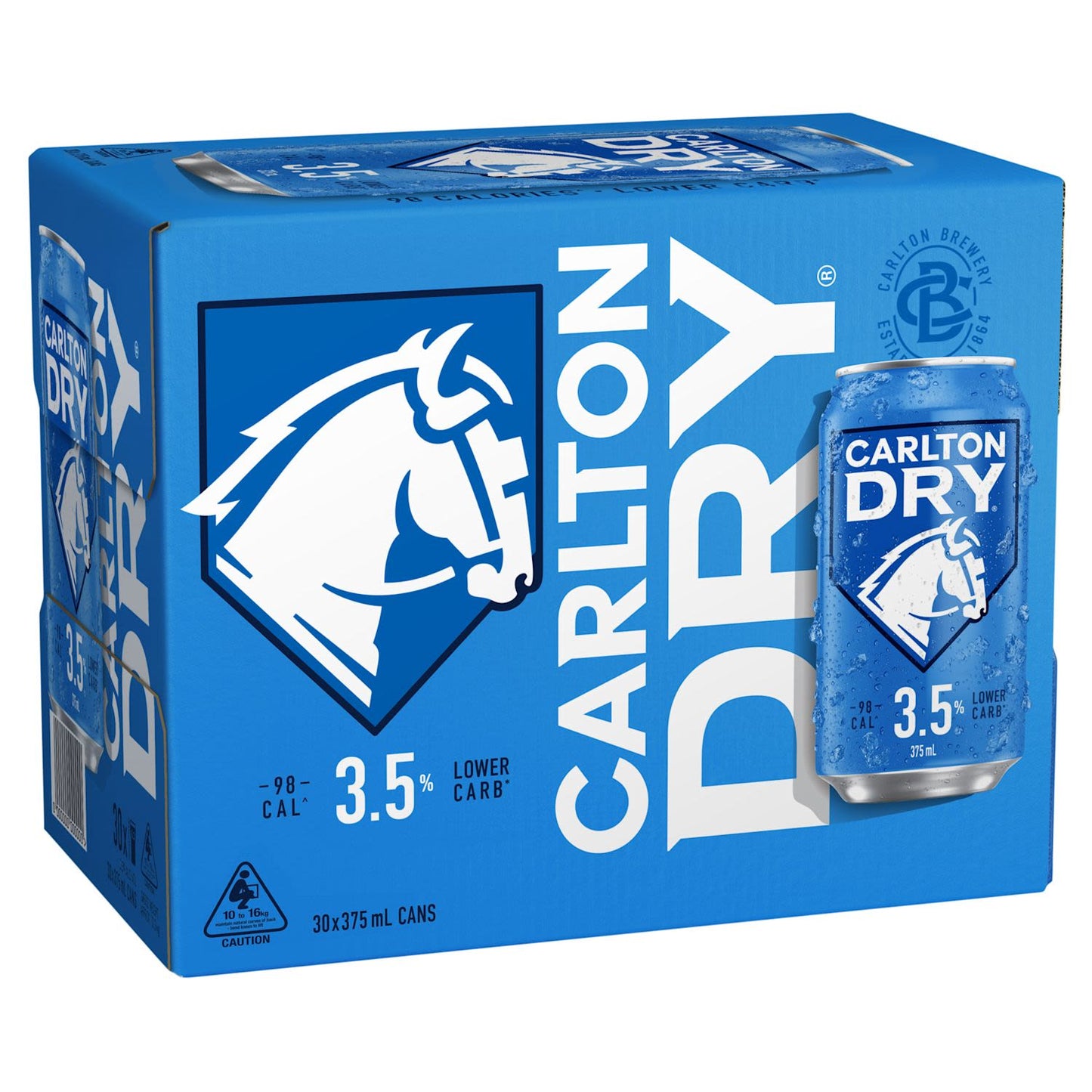 Box of Carlton Dry beer with blue and white design