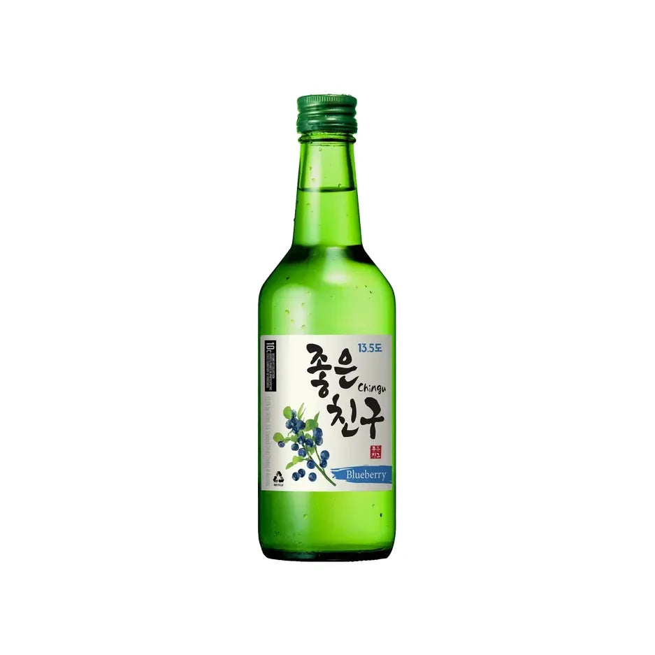 A green glass bottle of Korean soju liquor with a white label featuring blueberry illustrations and Korean text, set against a plain white background.