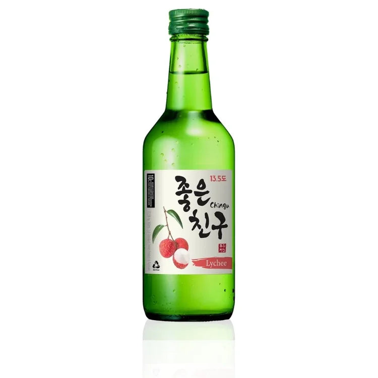 A green glass bottle of Korean liquor, likely Gijang, with a white label featuring Korean text and a red lychee illustration, on a white background with a soft reflection.