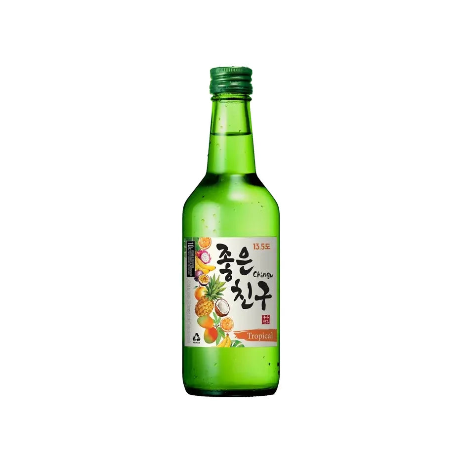 A green glass bottle of Korean soju liquor with a white label featuring tropical fruit illustrations and Korean text, set against a plain white background.
