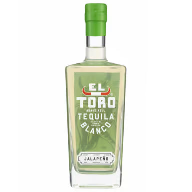 Bottle of El Toro Tequila Blanco Jalapeno on a green background
