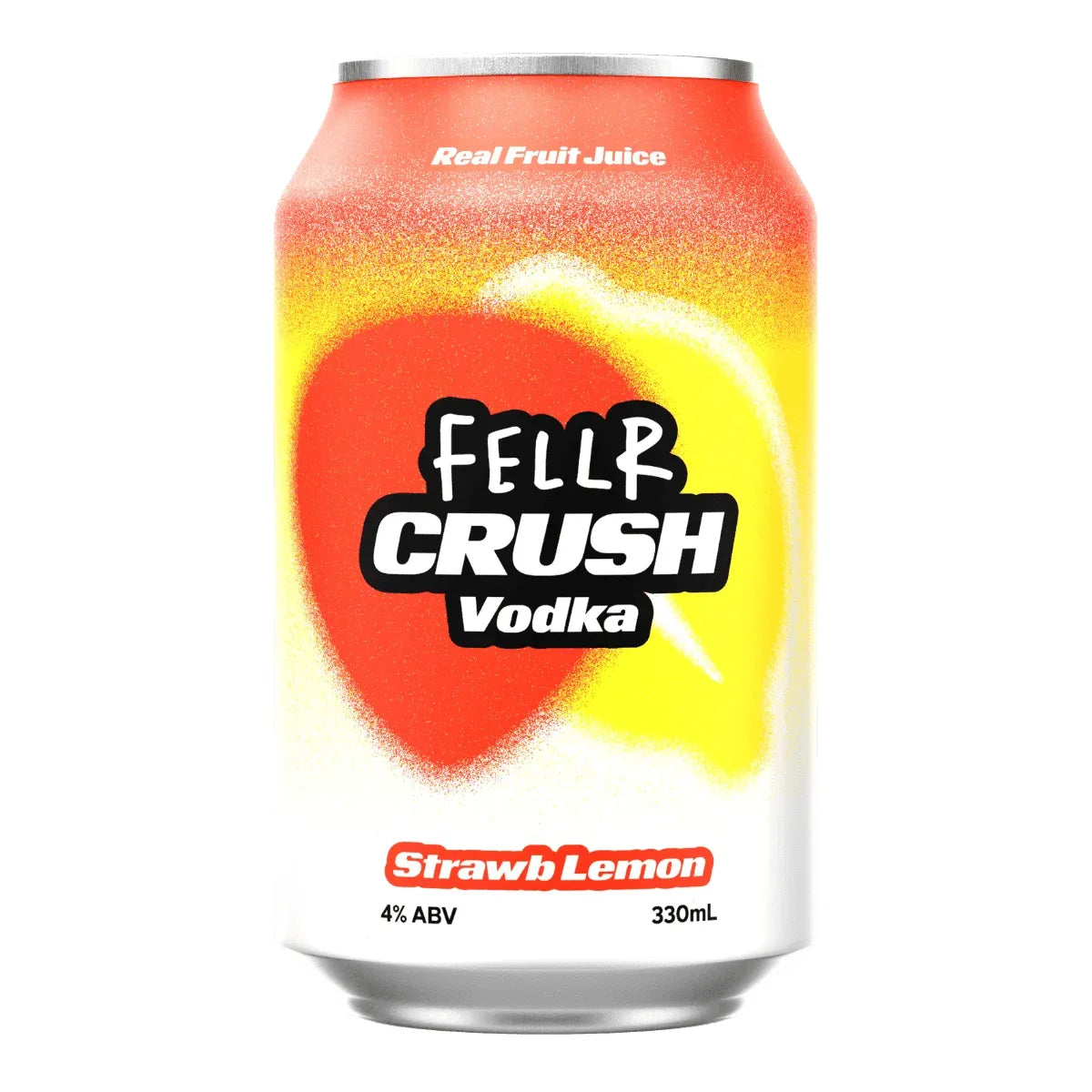 A 330mL can of Feller Crush Vodka in Strawberry Lemon flavor, featuring a vibrant red and yellow peach graphic on a white background.