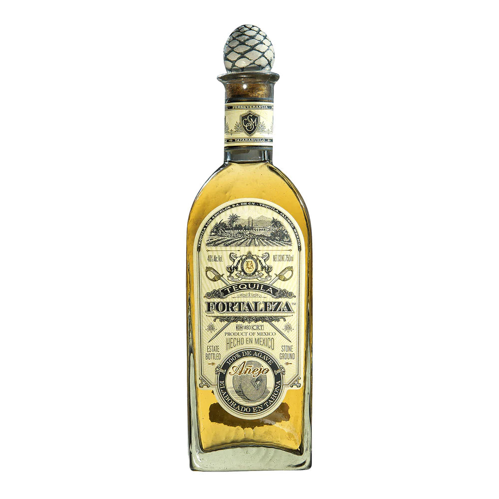 Tequila bottle with a detailed label on a white background