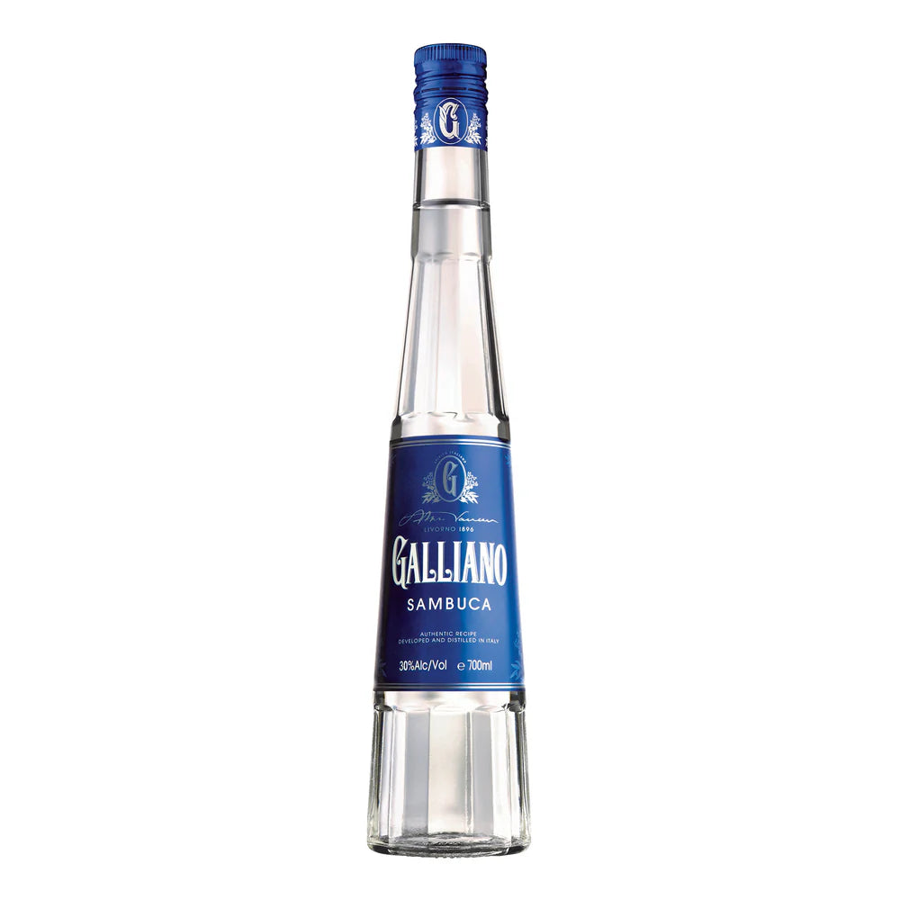 Galliano Sambuca bottle with blue label on a white background