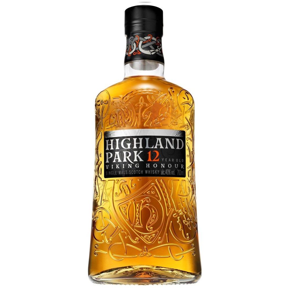 Highland Park 12-year-old whisky bottle on a white background
