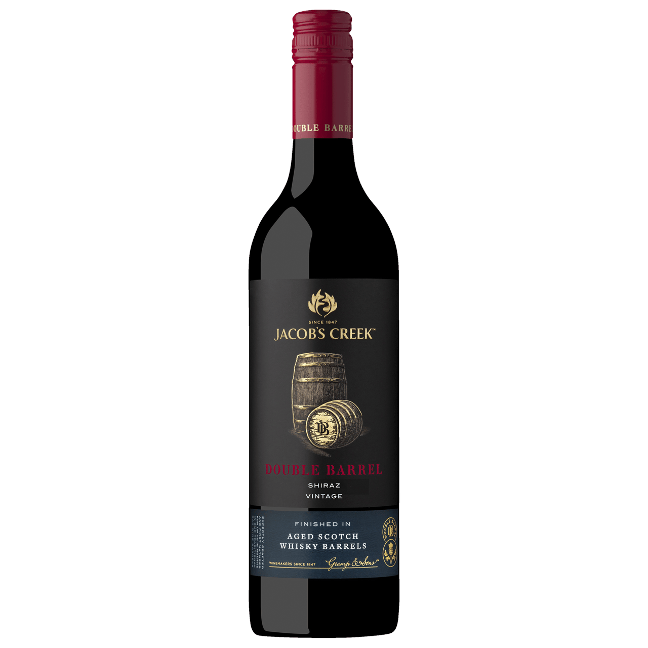 Bottle of Jacob's Creek Double Barrel Shiraz showcasing its rich deep color and elegant label, perfect for wine enthusiasts looking for a smooth, full-bodied experience. Available at Bathirst Liquor Greystanes, Prospect & Pendle Hill or online Australia wide