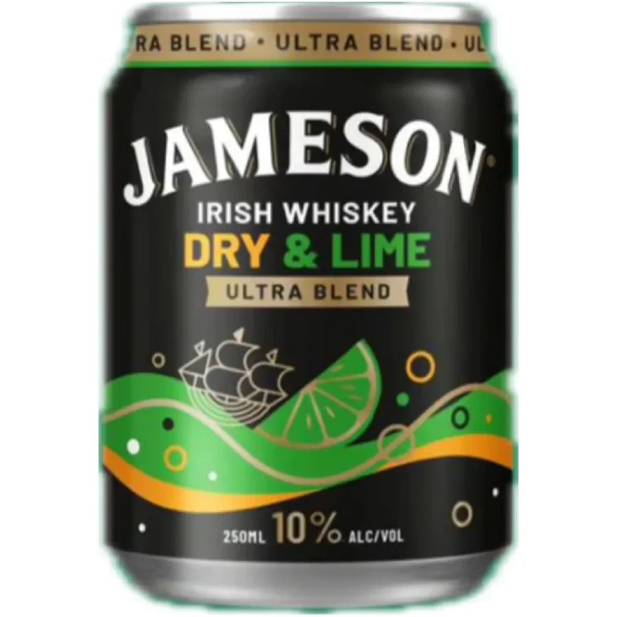 Jameson Irish Whiskey Dry & Lime Ultra Blend 10%ABV 250ml can with black background