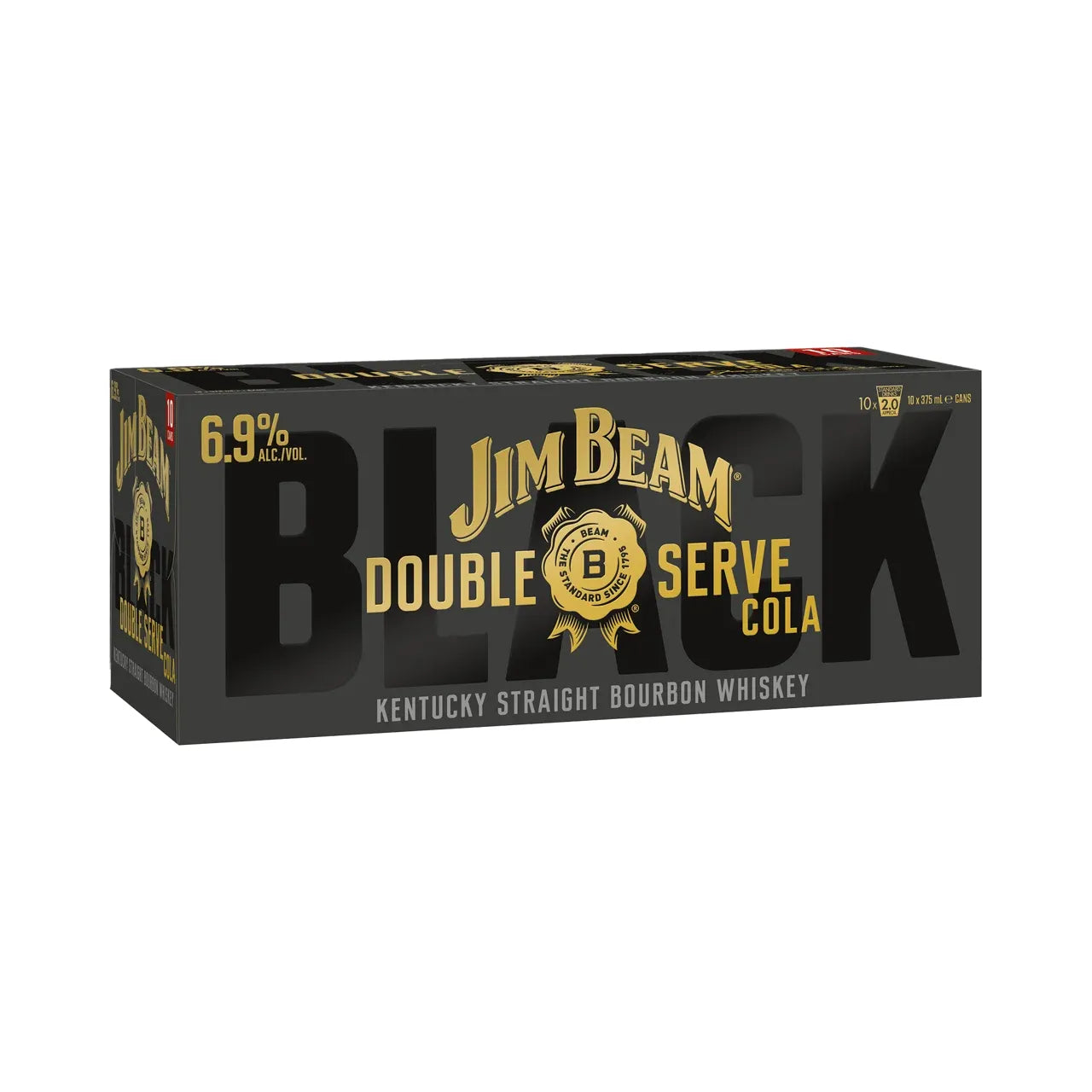 Box of Jim Beam Black Double Serve Cola with black and gold design.