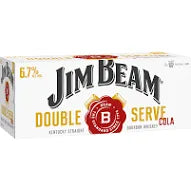 Jim Beam Double Serve Cola beverage box packaging, featuring the classic red and white logo with black lettering on a white background.