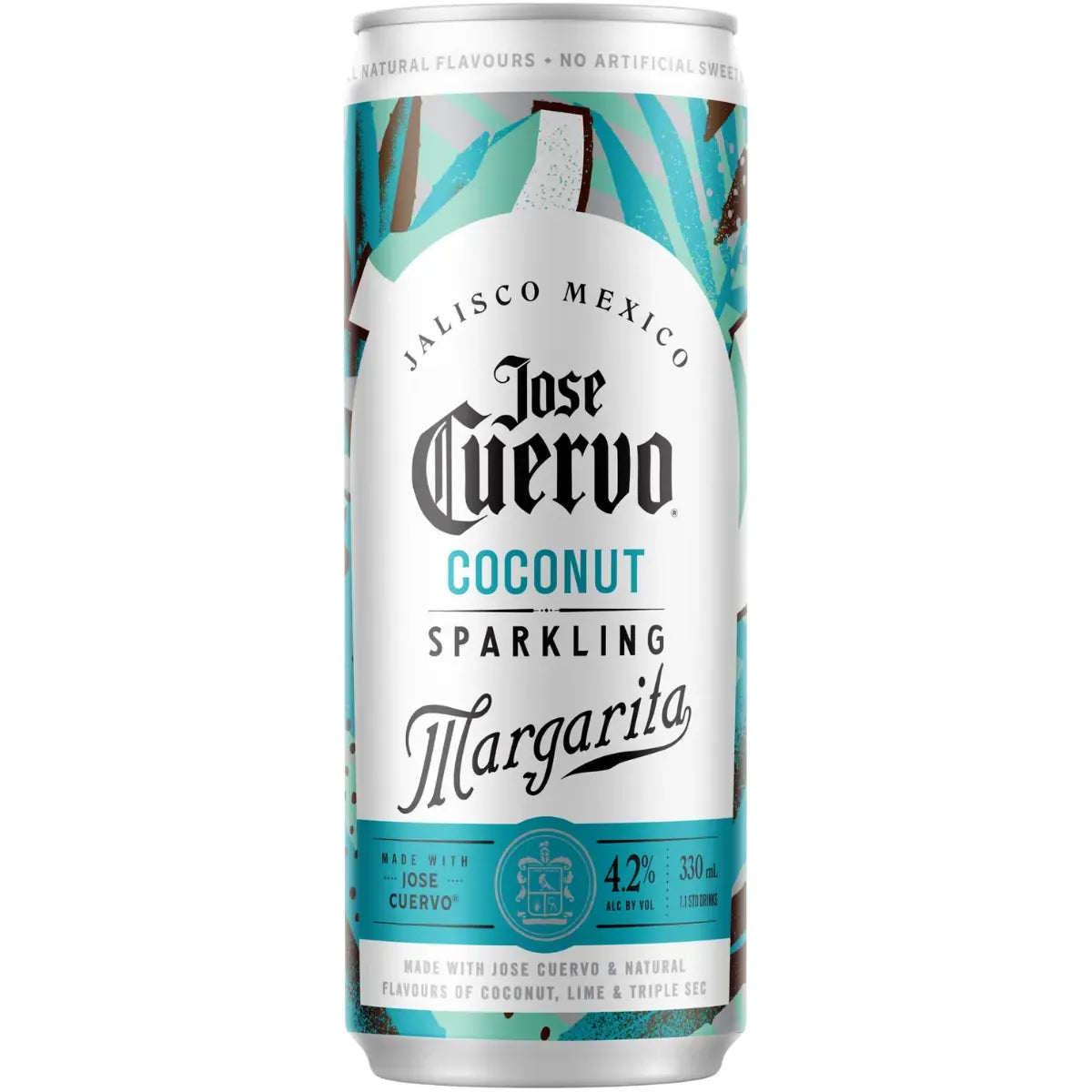 Jose Cuervo coconut sparkling margarita can with tropical design