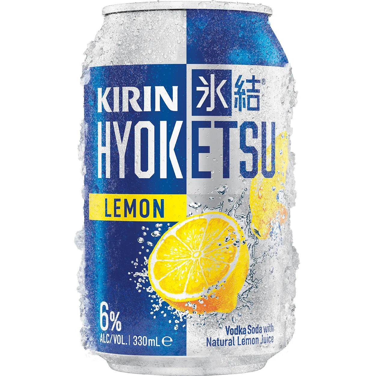 Can of Kirin Hyoketsu Lemon Vodka Soda with lemon slices on a blue background