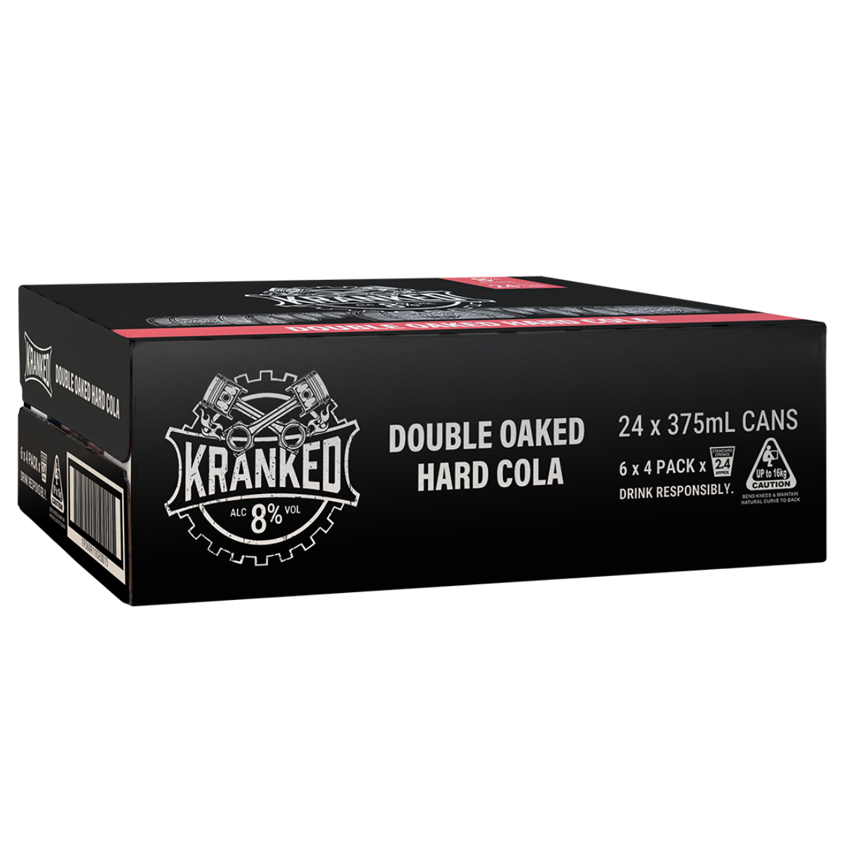 A 24-pack cardboard case of Cranked Double Oaked Hard Cola, 375 mL cans, shown at a three-quarter angle on a plain white background.