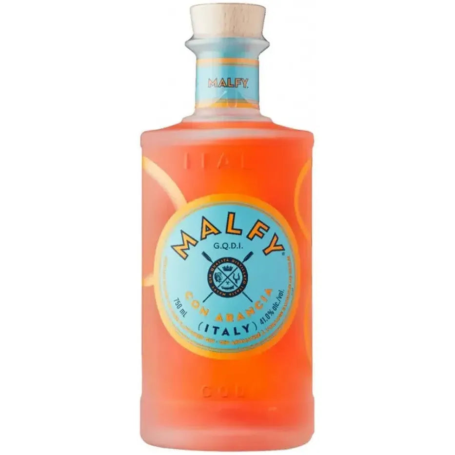 Bottle of Malfy gin with a colorful label on a white background