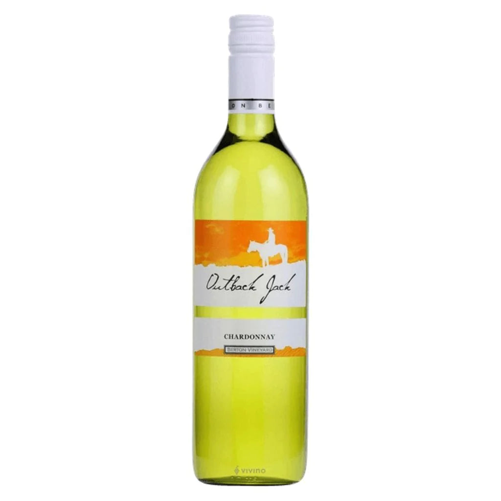 A bottle of Outback Jack Chardonnay wine with a label that includes an orange and white stripe design.