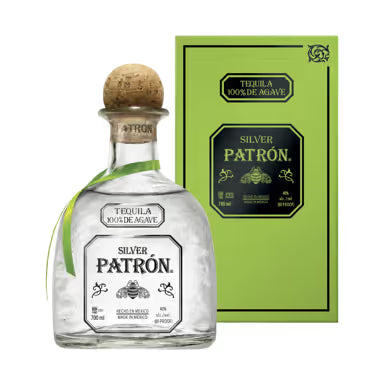 Silver Patron tequila bottle with cork stopper and green box on a light green background