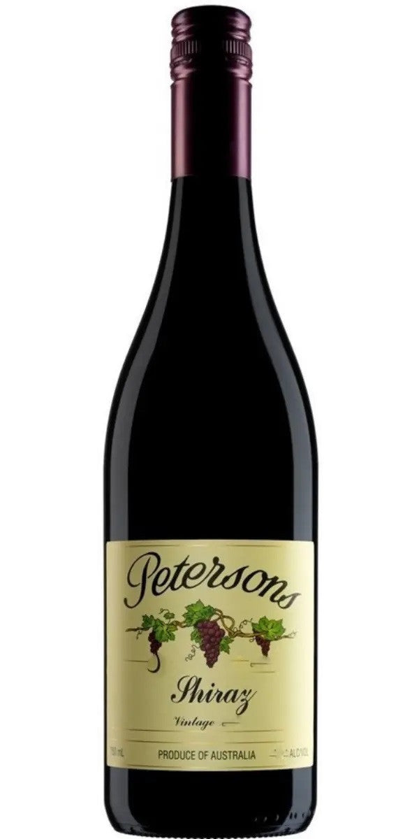A bottle of Petersons Shiraz Vintage red wine, featuring a dark glass bottle with a cream-colored label and a dark purple foil capsule at the neck, isolated on a white background.