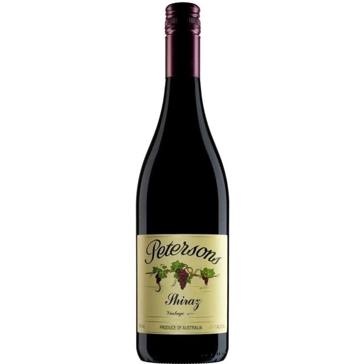 A bottle of Petersons Shiraz Vintage red wine, featuring a dark glass bottle with a cream-colored label and a dark purple foil capsule at the neck, isolated on a white background.