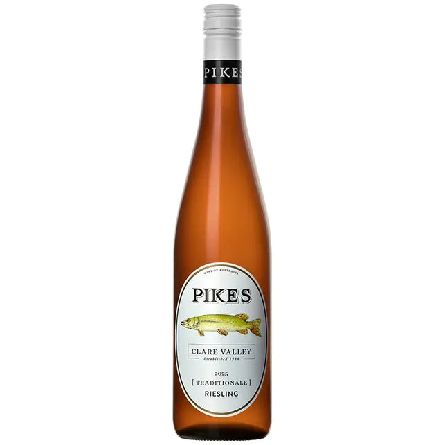 Bottle of Pikes Clare Valley Riesling wine on a white background