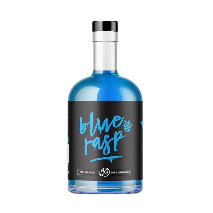Blue bottle with a black label featuring 'blue rasp' text on a white background