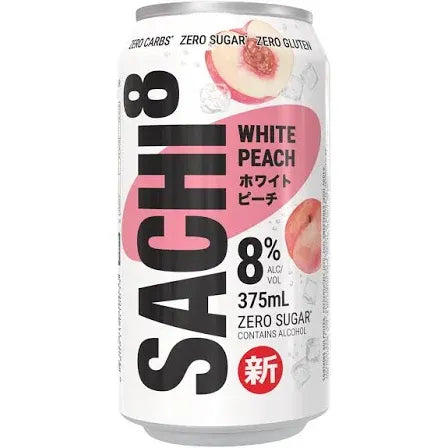 SACHI white peach beverage can with peach slices on a white background