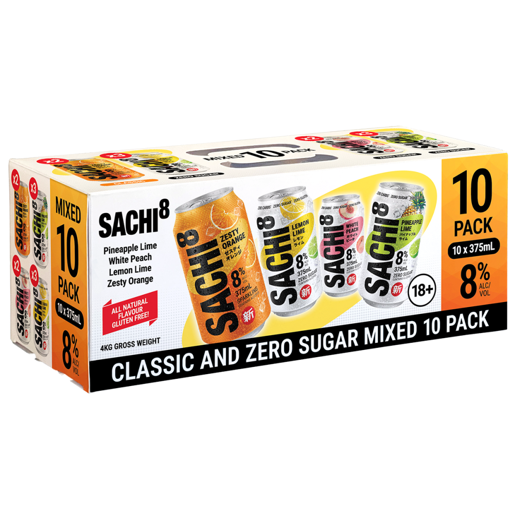 Sachi 8 mixed 10-pack beer cans with various flavors on a white background