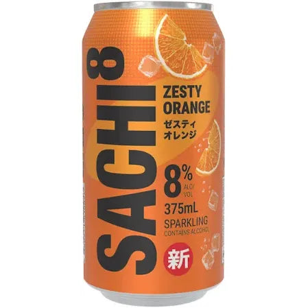 Sachii Zesty Orange sparkling can with orange slices on an orange background