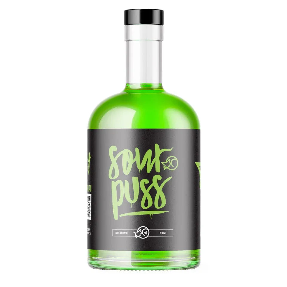 Green bottle with a black label featuring the text 'Sour Puss' on a white background