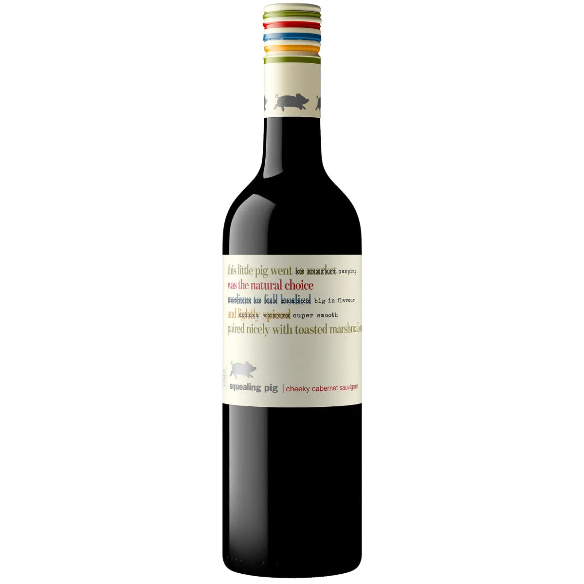 Bottle of Squealing Pig Cheeky Cabernet Savignon with label visible showing the brand and variety.