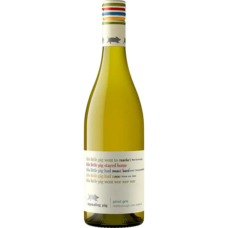 Yellow wine bottle with colorful label on a white background