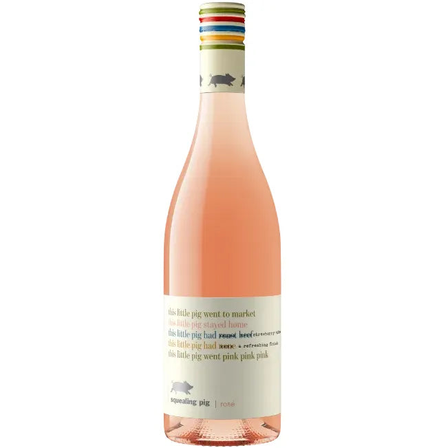Wine bottle with colorful label featuring text and illustrations