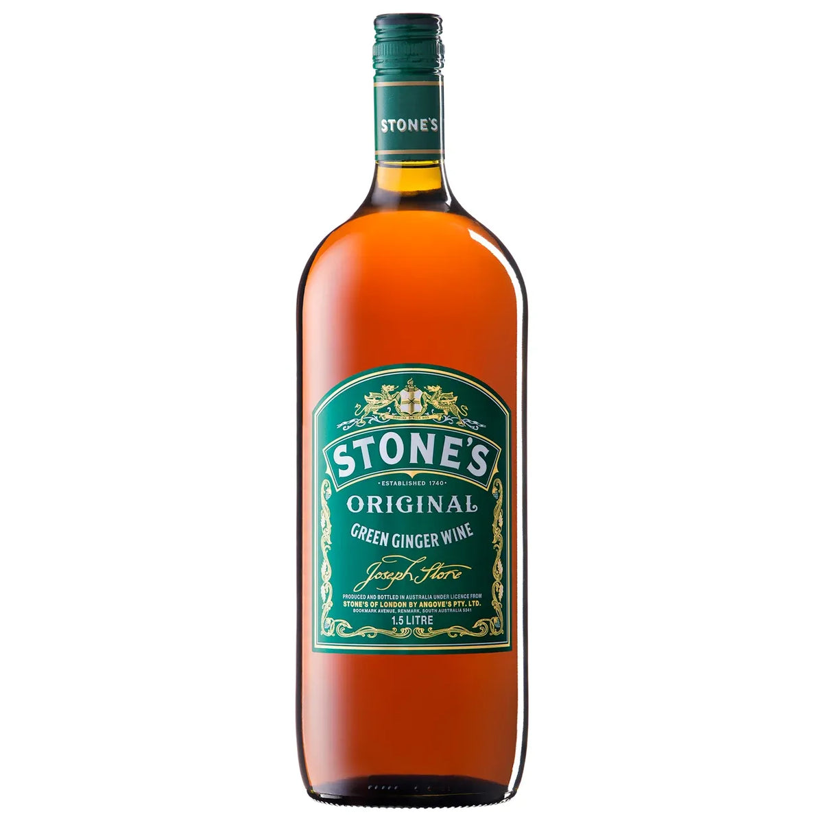 A 1.75L bottle of Stone's Original Green Ginger Wine, featuring a dark green label and neck wrap with white and gold lettering, filled with amber-colored liquid, set against a plain white background.