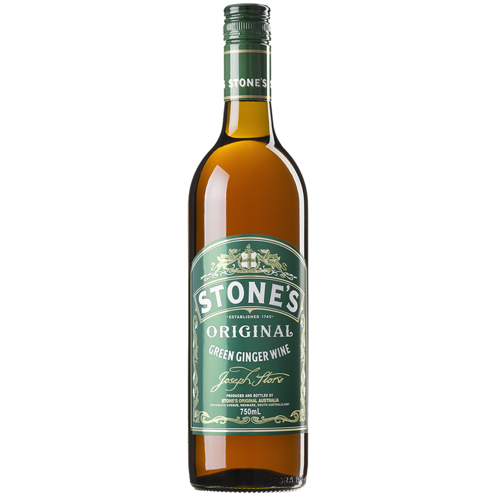A bottle of Stone's Original Green Ginger Wine, 750ml, featuring a dark green label and a dark green screw cap, with amber-colored liquid inside.