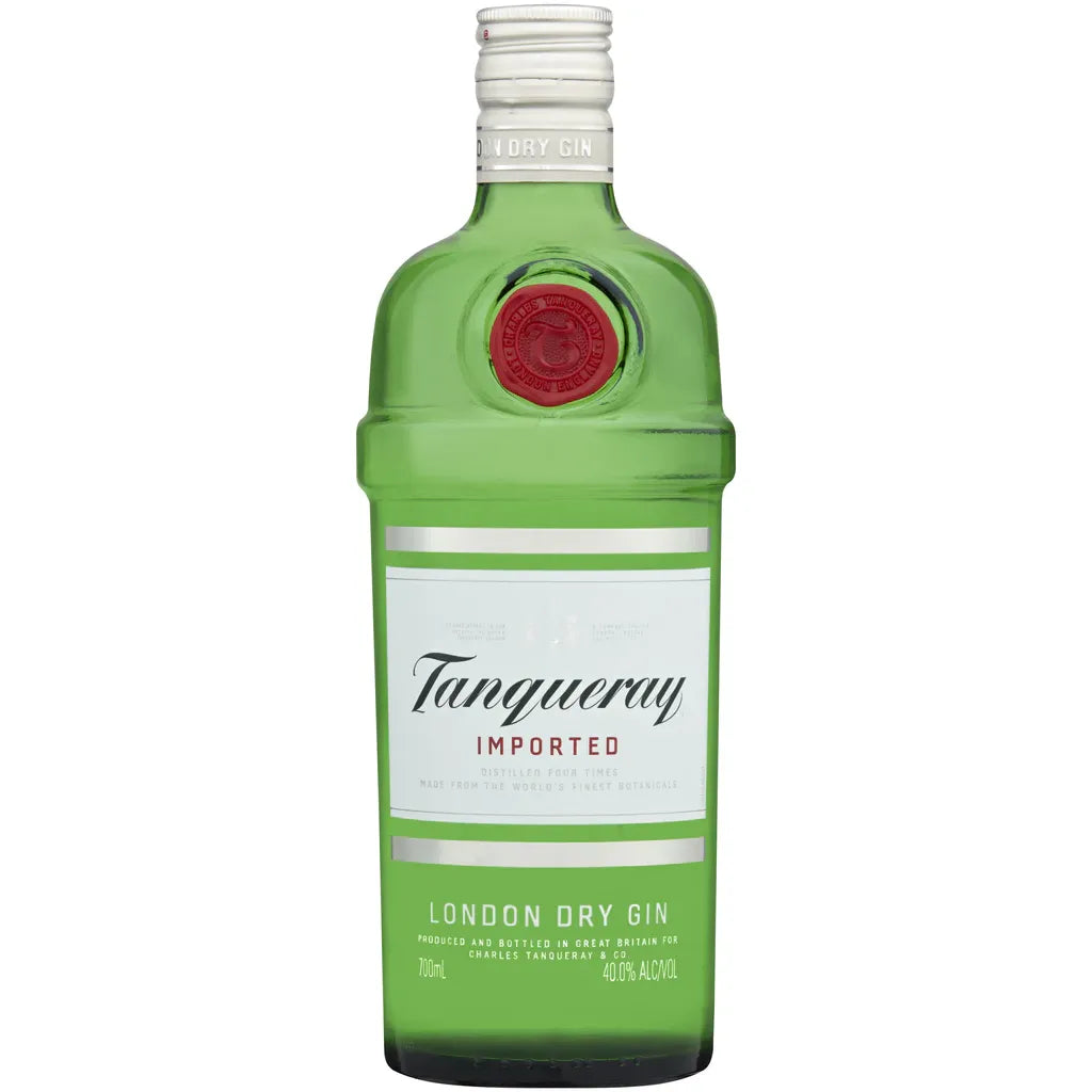 Tanqueray gin bottle with green body and white label
