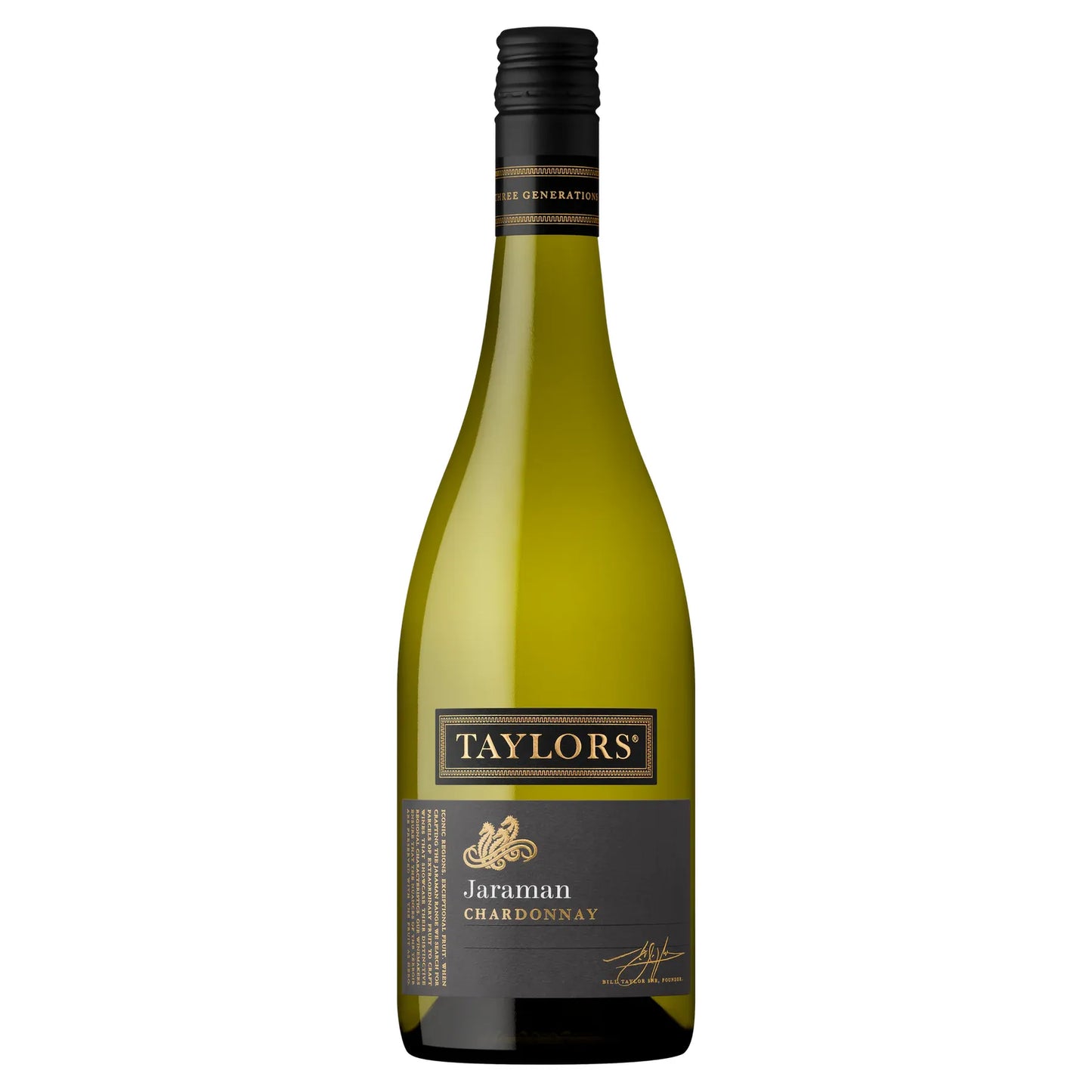 A bottle of Taylors Jaraman Chardonnay white wine, showing the greenish-yellow liquid inside a dark glass bottle with a black and gold label.