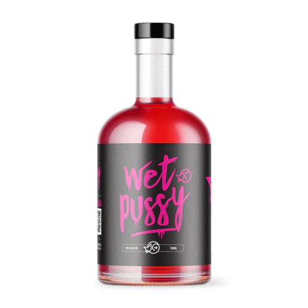 Bottle with red liquid and black label featuring pink text on a white background