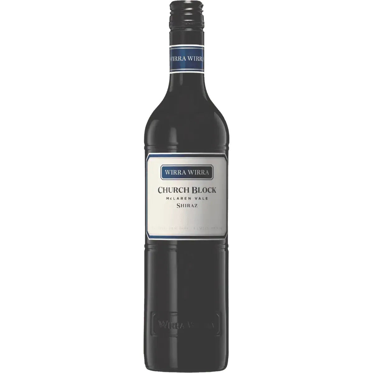Bottle of Wirra Wirra Church Block Shiraz wine on a white background