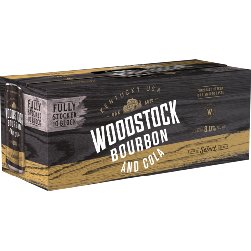 Box of Woodstock Bourbon and Cola with wooden texture and branding.