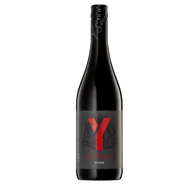 Red wine bottle with a black and red label on a white background