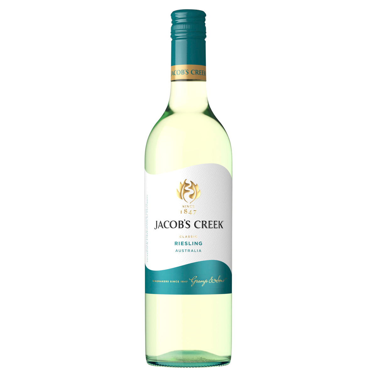 Bottle of Jacob's Creek Classic Riesling wine showcasing its fresh flavors of lime blossom and green apple, with a crisp citrus finish. Available in-store at Greystanes, Prospect & Pendle Hill, or shop online