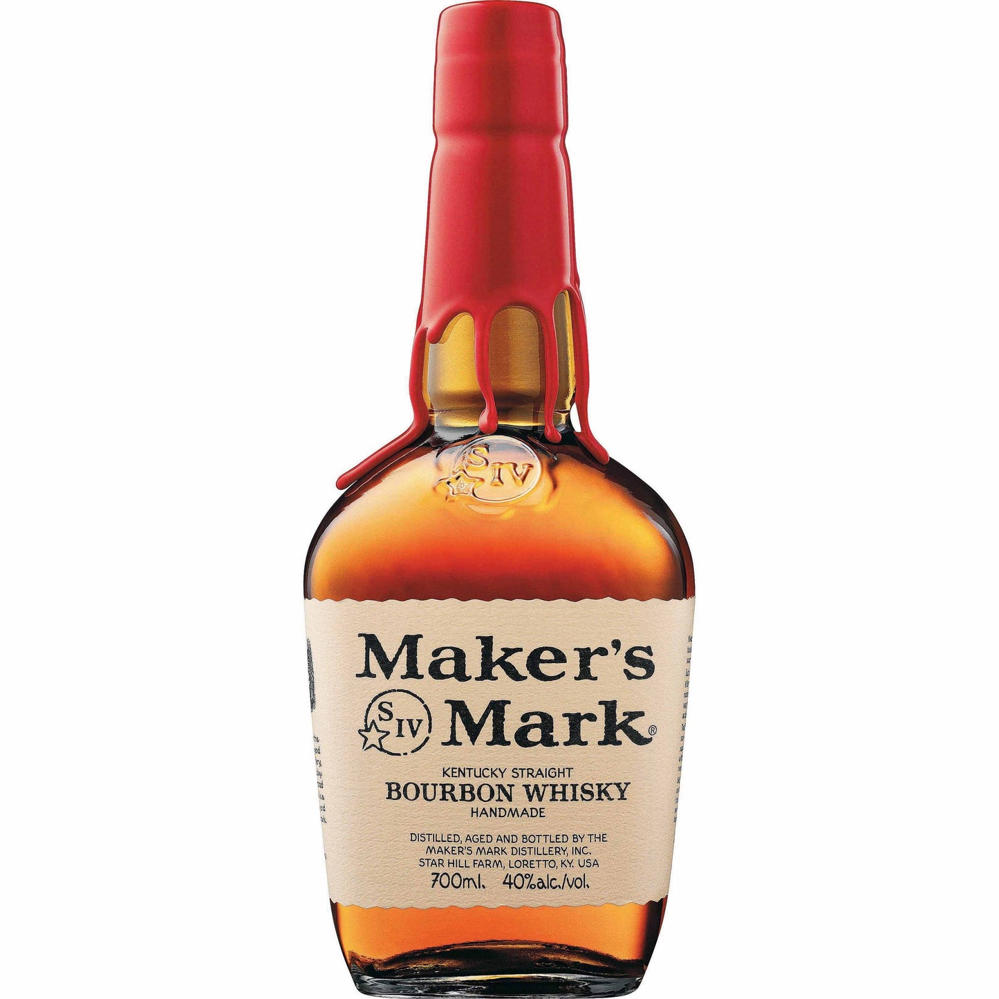 A bottle of Makers Mark Kentucky Straight Bourbon Whisky with a red cap and label.