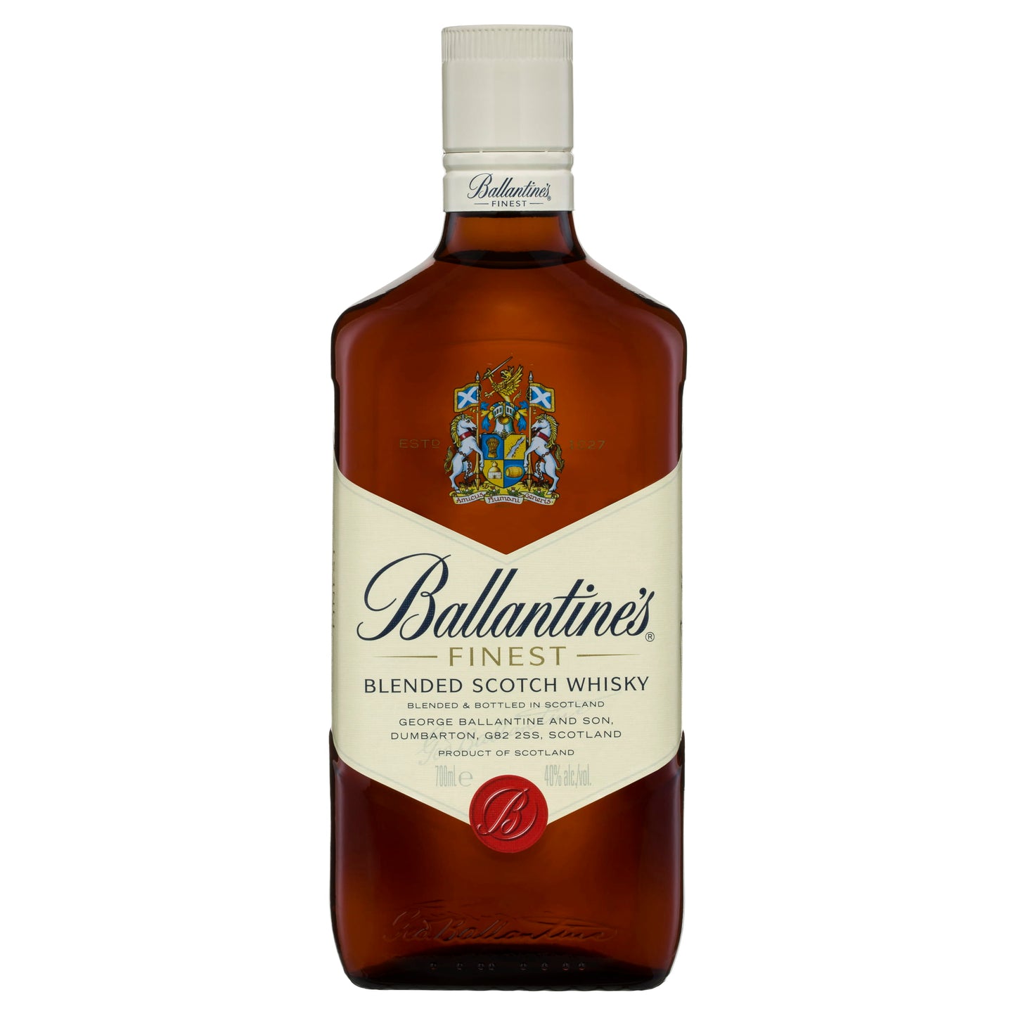 Bottle of Ballantine's Finest Blended Scotch Whisky showcasing its rich amber color and iconic design by Ballantine, perfect for sipping neat or mixing in cocktails.