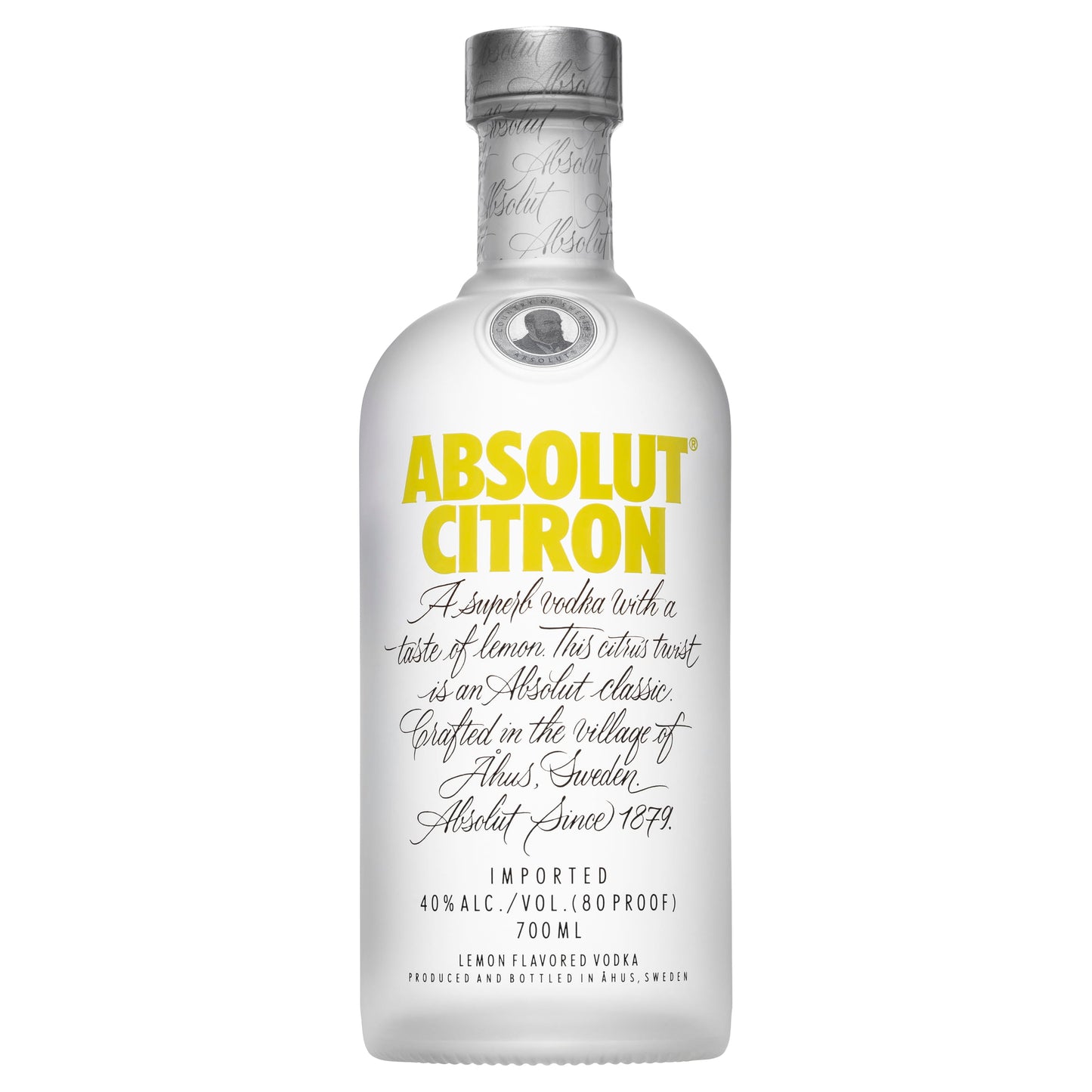 Absolut Citron vodka bottle featuring a distinctive design and bright yellow label, crafted by Absolut. This lemon-flavored vodka is popular for cocktails like the Cosmopolitan and can be enjoyed neat with ice.