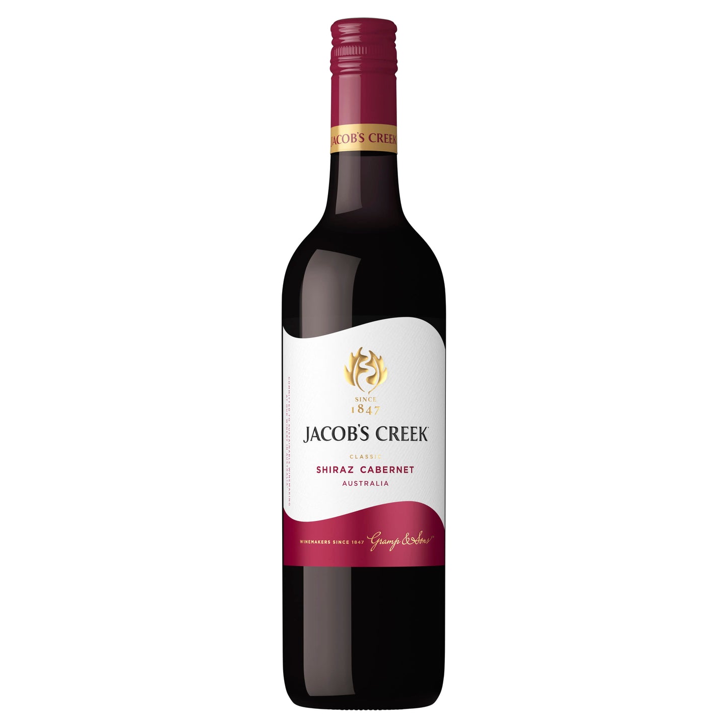 Bottle of Jacob's Creek Classic Shiraz Cabernet showcasing its medium-bodied profile with vibrant fruit flavorus, perfect for wine lovers. Available at Bathirst Liquor in Greystanes, Prospect, and Pendle Hill.