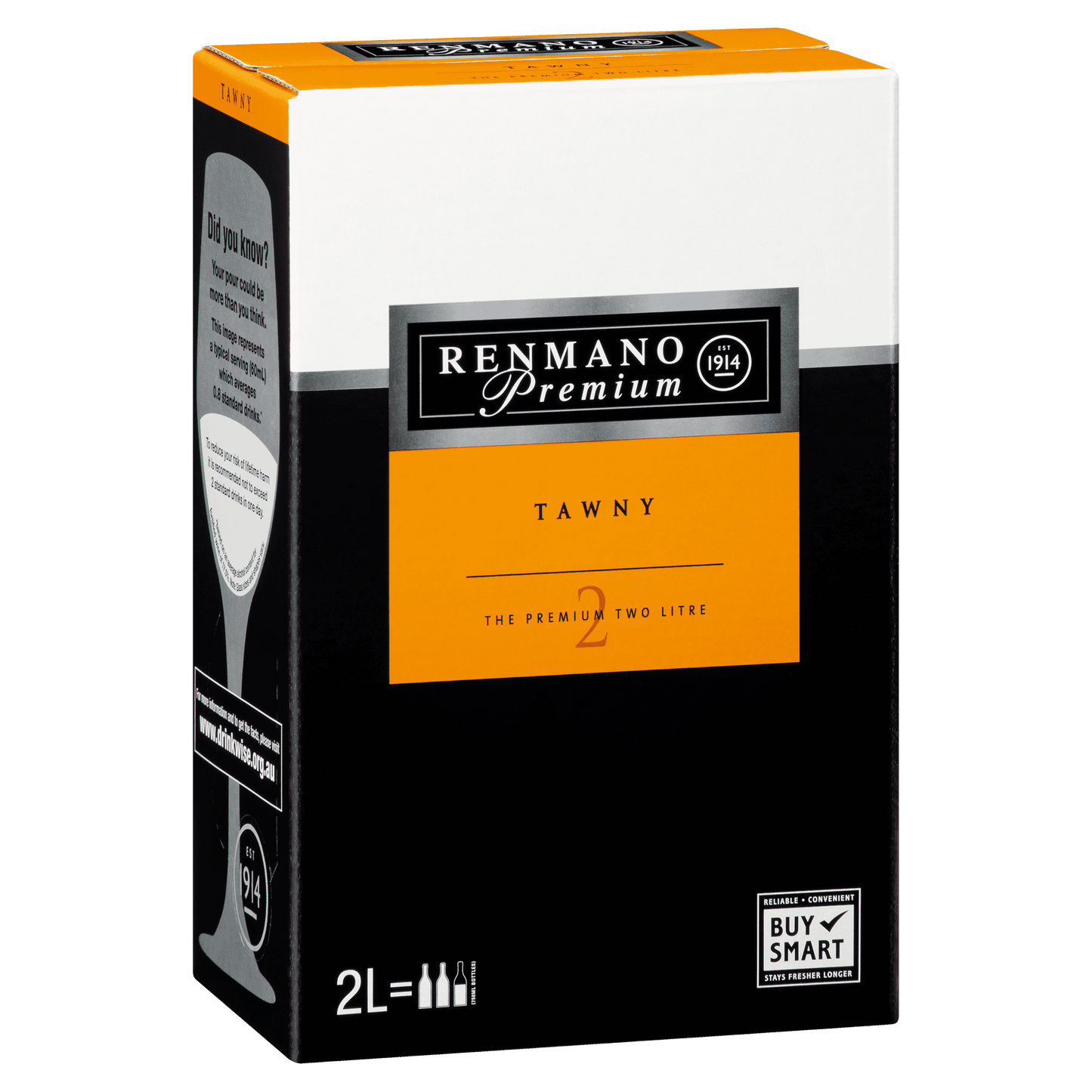 A boxed Renmano Premium Tawny fortified wine with a 2-liter volume indication.